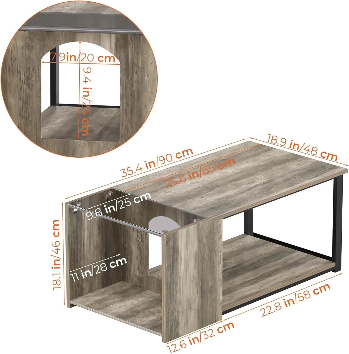 Coffee Table for Small Living Room, Modern Center Tables with Storage, Rectangular Glass Top Table with LED Light, Grey - Image 3