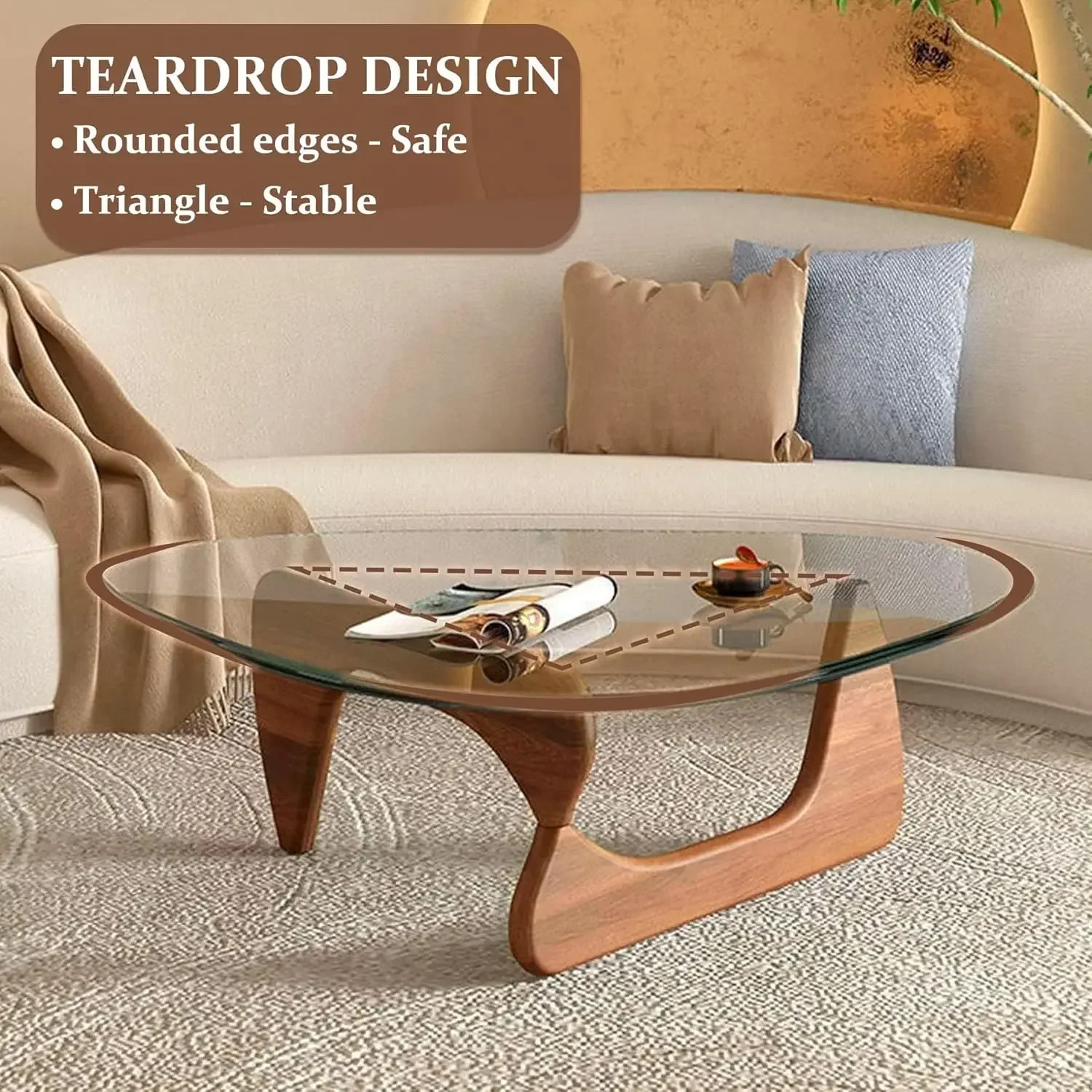 Coffee Tables for Living Room - Triangle Glass Coffee Table with Wooden Base Mid-Century Modern Abstract End Table - Image 5
