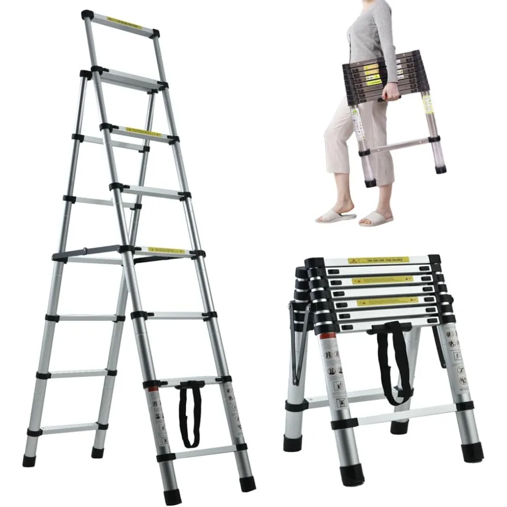 Step Ladder 6+7 Aluminum Herringbone A-Frame Telescoping Anti-Slip 330lbs Load Capacity, Step Ladders