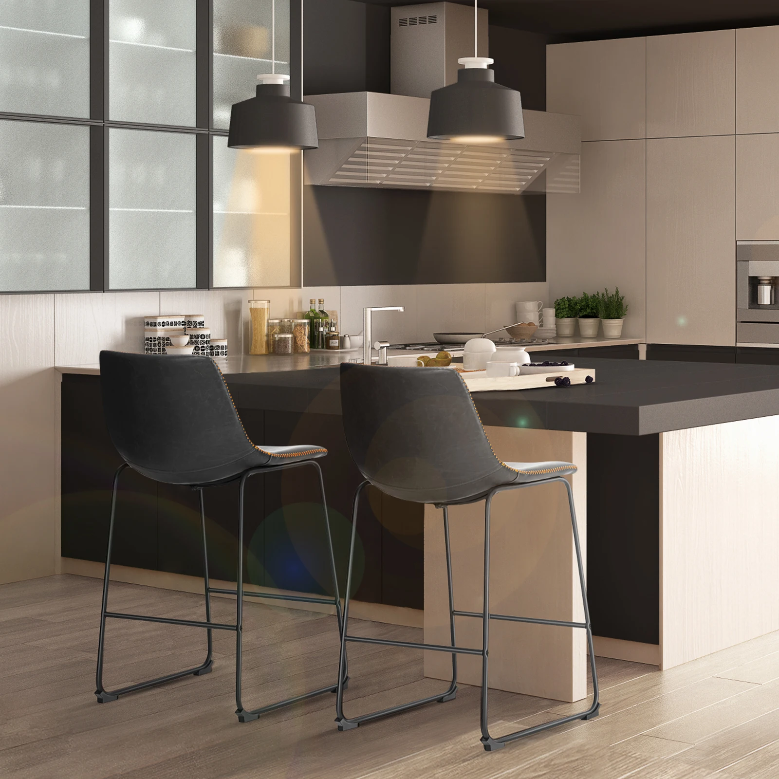 JHK Pu Leather Bar Stools Set of 2 Counter Height High Kitchen Dining Chairs Comfortable Sponge Cushion Island Modern Stool - Image 3