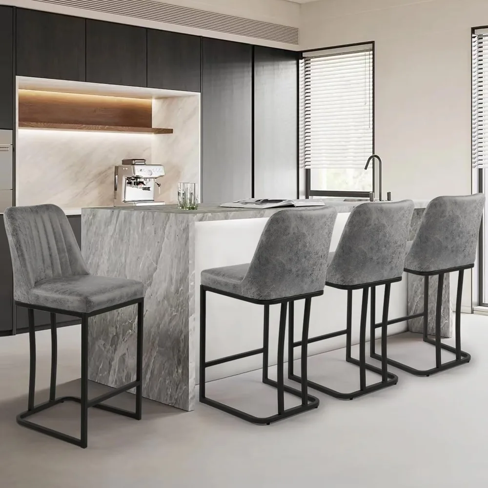 Bar Stools Set of 4, Upholstered Fabric Counter Height Barstools, 24.8 inch Modern Kitchen Island Chairs with Footrest and Blac